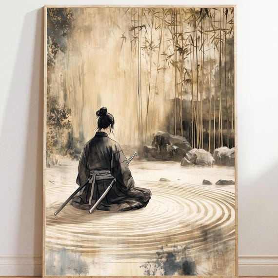 Zen Samurai Garden Japandi Meditation Wall Art Wabi Sabi Print Minimalist Japanese Warrior Bamboo Forest Zen Home Decor