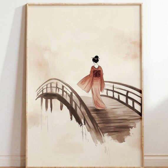 Geisha on Wooden Bridge, Japandi Japanese Art Print