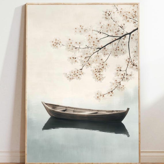 Peaceful Lake Dusk Boat, Japandi Minimalist Art Print