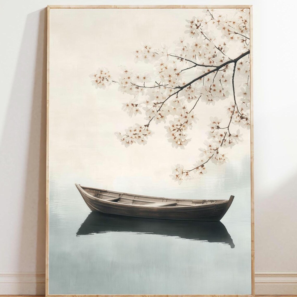 Peaceful Lake Dusk Boat, Japandi Minimalist Art Print
