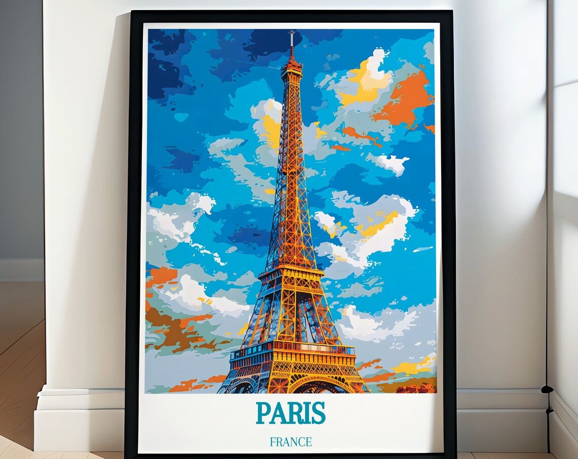 Eiffel Tower Paris Bold Pop Art Blue Sky Landmark Travel Poster Art