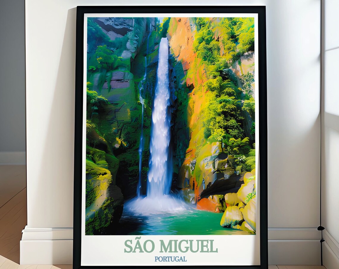 Salto do Cabrito Waterfall Lush Azores Canyon Portugal Travel Poster