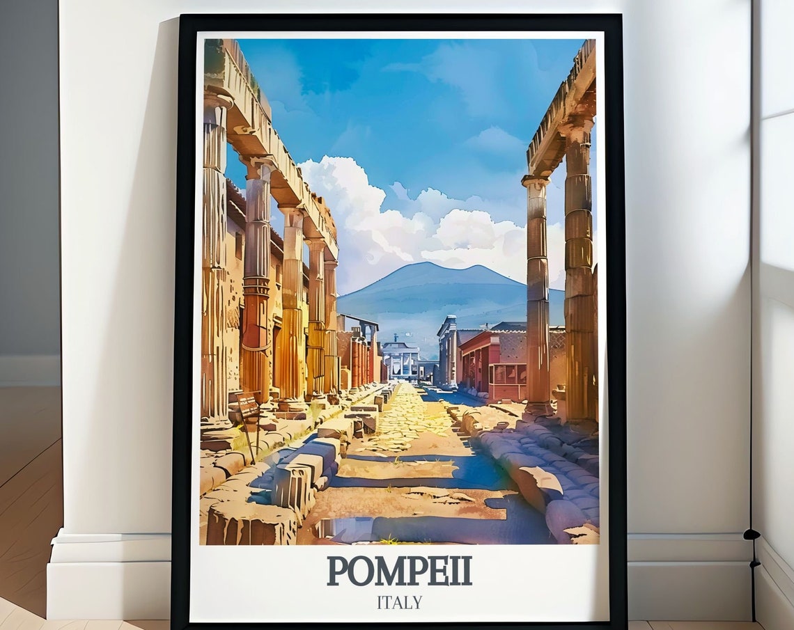 Pompeii Ancient Stone Street Lined with Columns Toward Vesuvius Poster