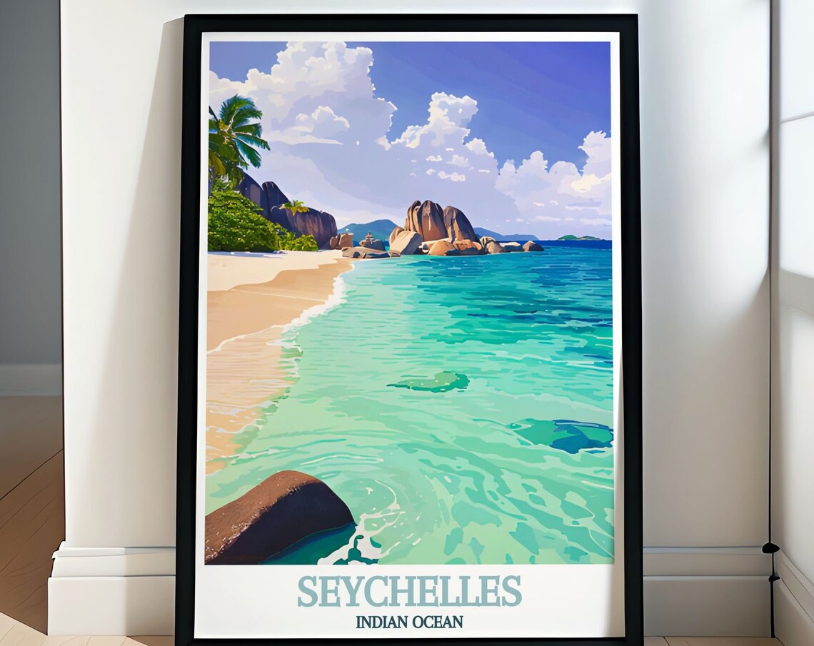 Scenic Seychelles Indian Ocean Granite Boulder Beach Travel Poster