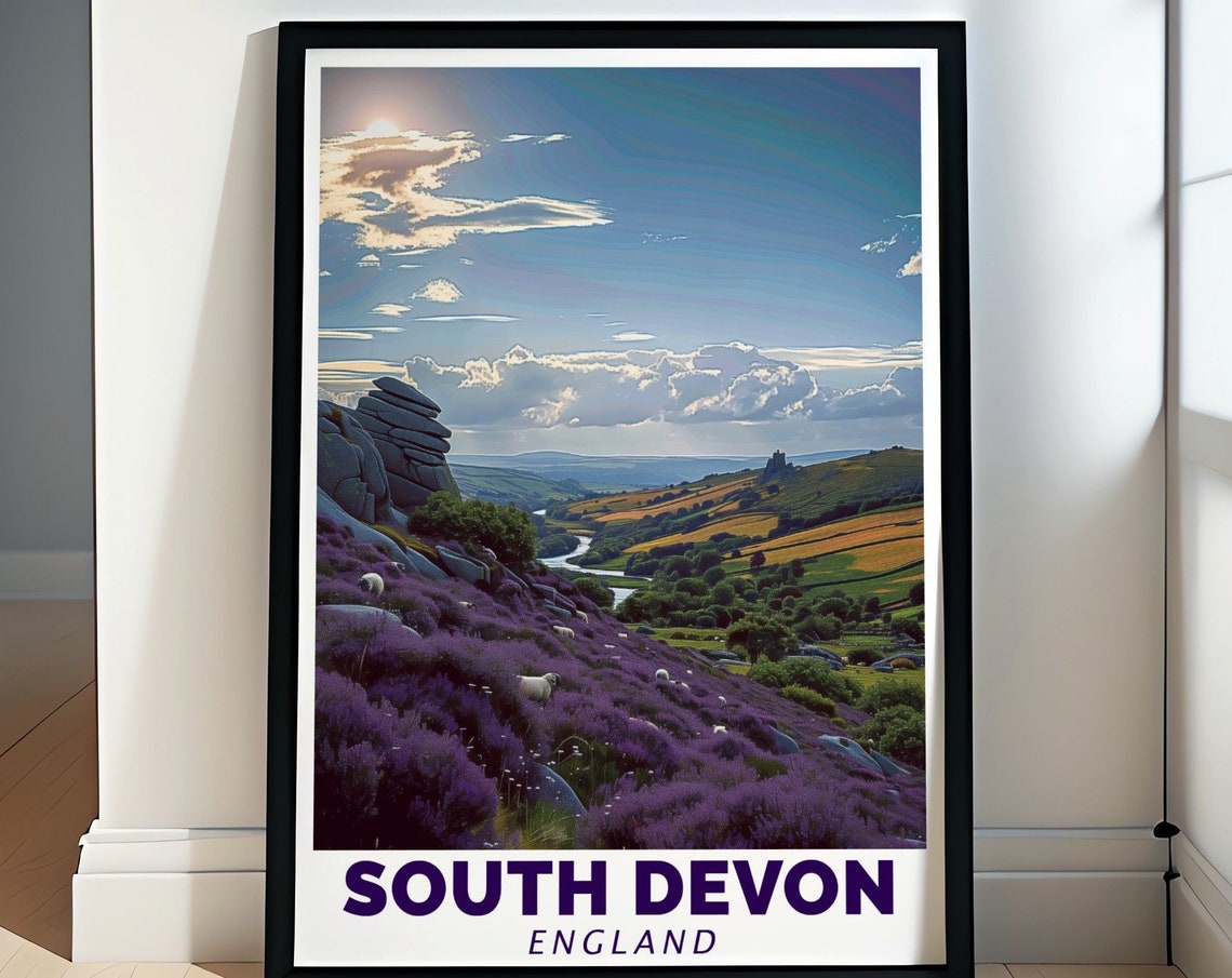 South Devon Purple Heather Hills Sheep England Travel Poster