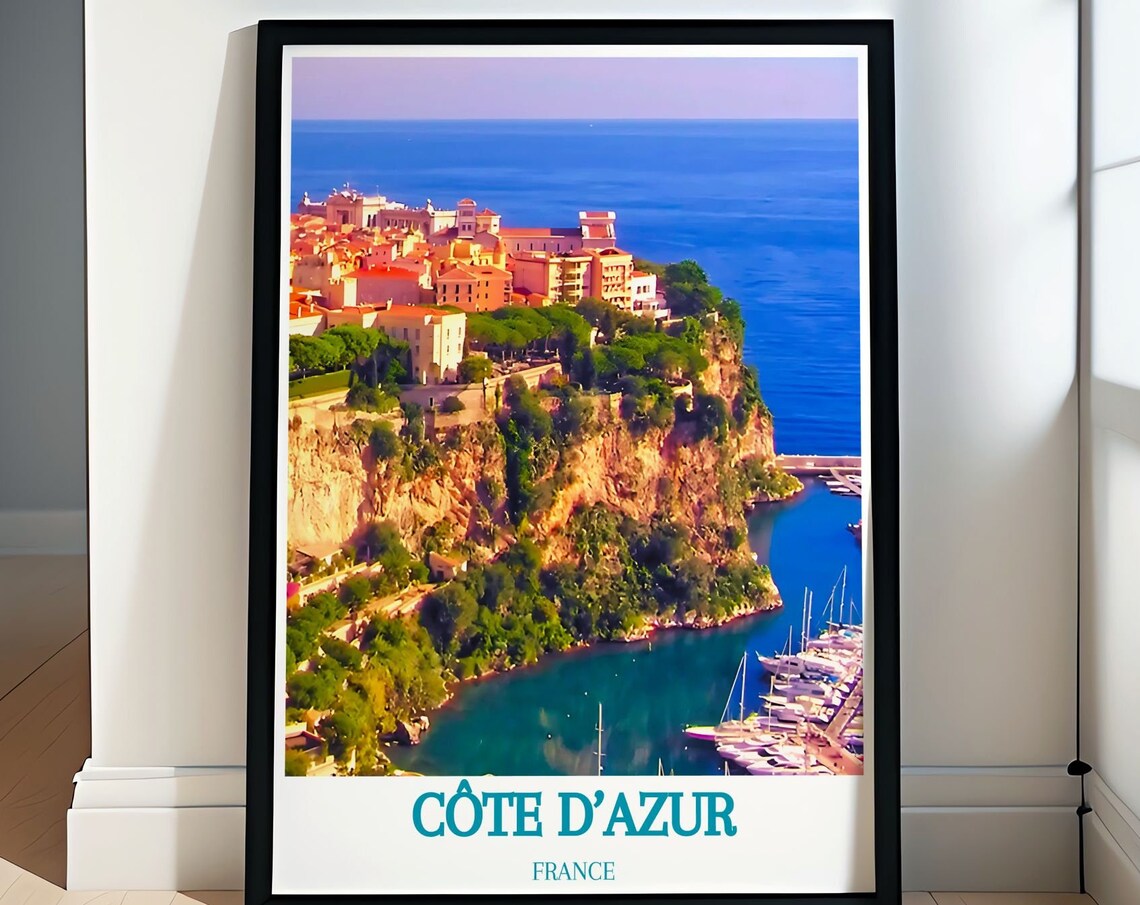 Cote d'Azur France Clifftop Village Marina Sunset Travel Poster