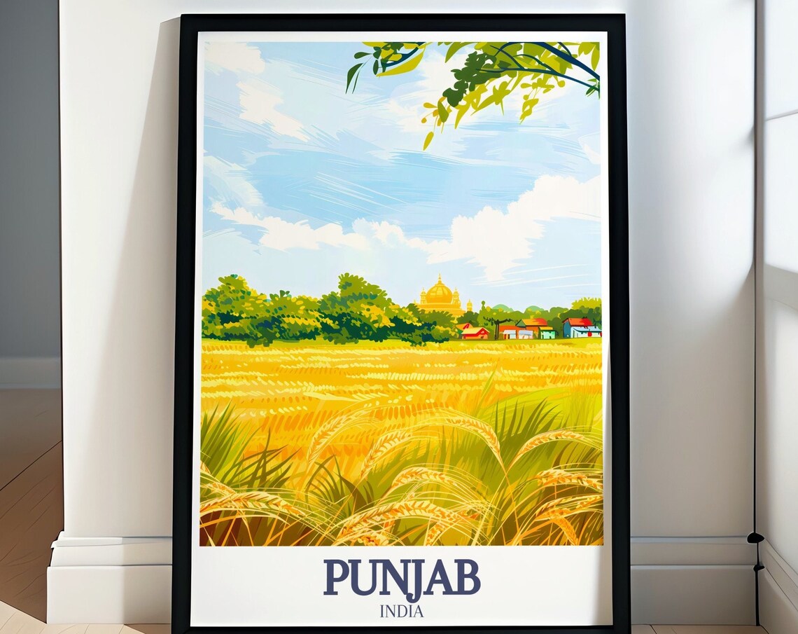 Punjab India Golden Wheat Fields Village Scene Travel Art Poster