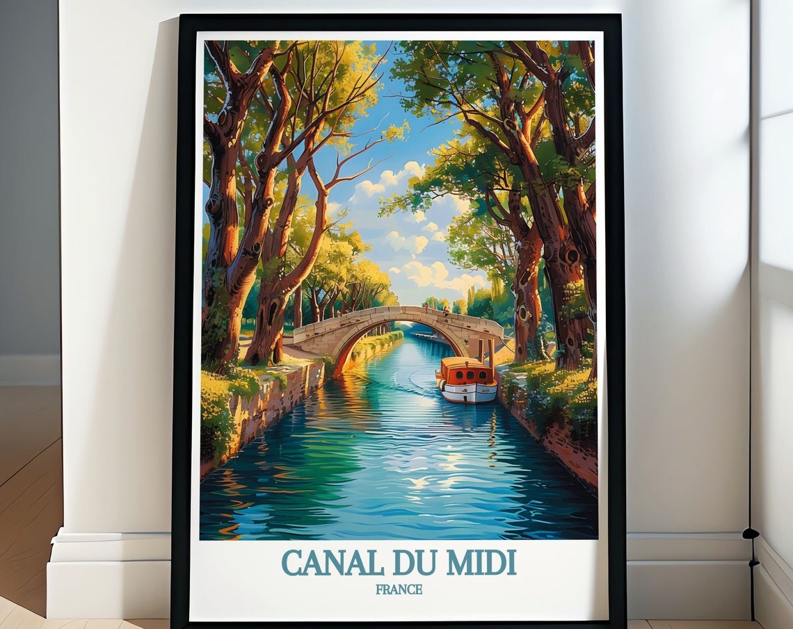 Canal Du Midi France Tree Lined Canal Boat Stone Bridge Poster