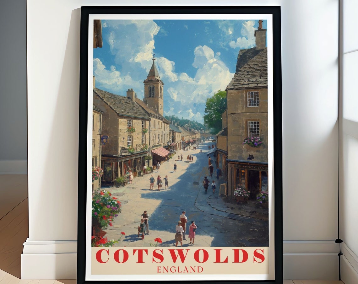 Cotswolds Market Square Sunny Street Scene England Travel Poster