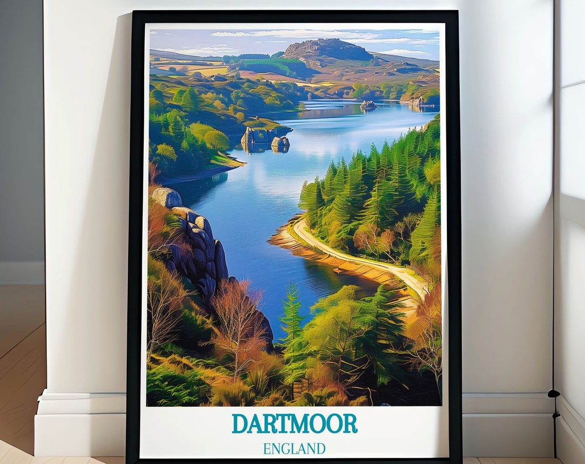 Dartmoor England Serene Reservoir Between Forest And Rocky Tors Poster