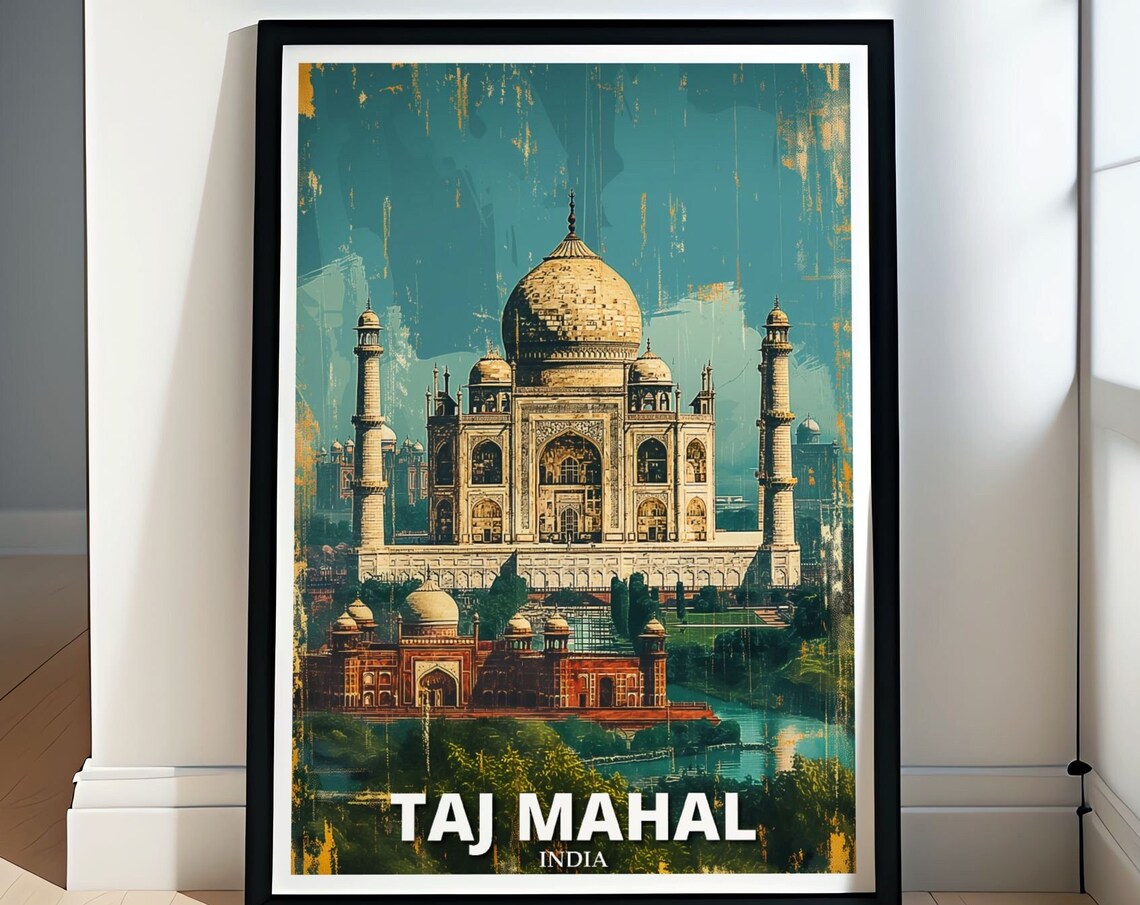 Taj Mahal India Vintage Distressed Teal Art Style Wall Poster