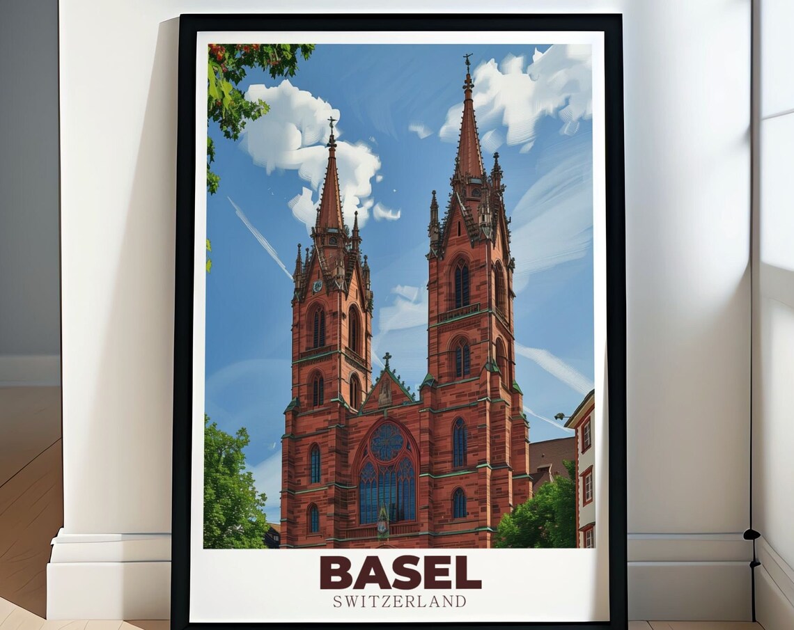 Basel Switzerland Minster Red Sandstone Twin Spires Gothic Poster
