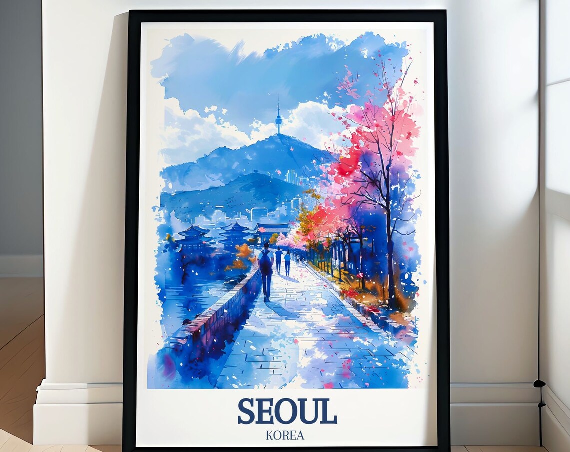 Seoul N Seoul Tower Spring Blossom Watercolor Korea Travel Poster