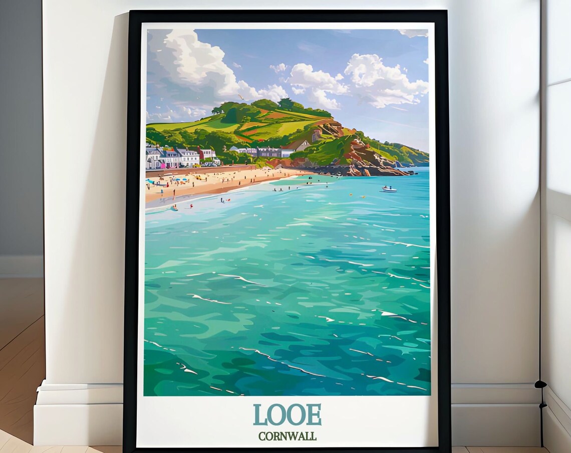 Looe Cornwall Beach Travel Poster With Turquoise Sea And Coastal Town