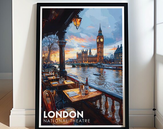 National Theatre London River Terrace Poster With Big Ben Sunset View