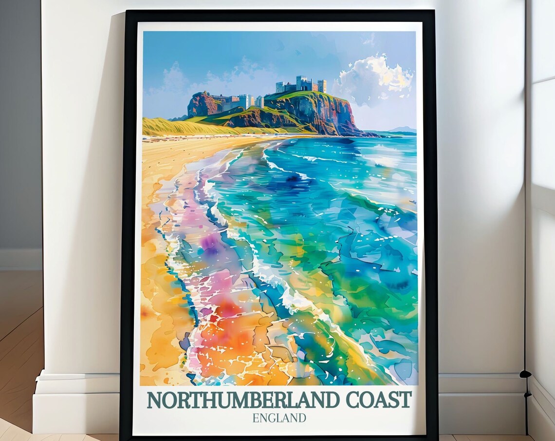 Northumberland Coast Castle Beach Turquoise Water Travel Poster
