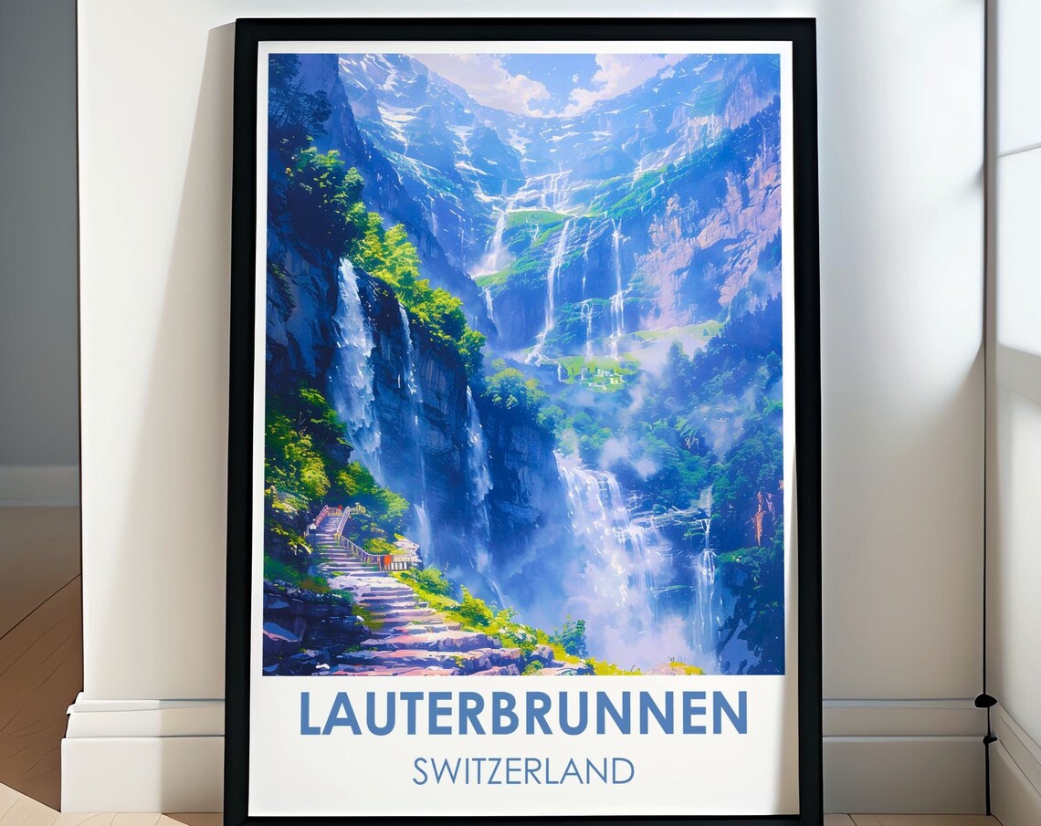 Lauterbrunnen Switzerland Travel Poster Waterfalls Cliff Cascade Art