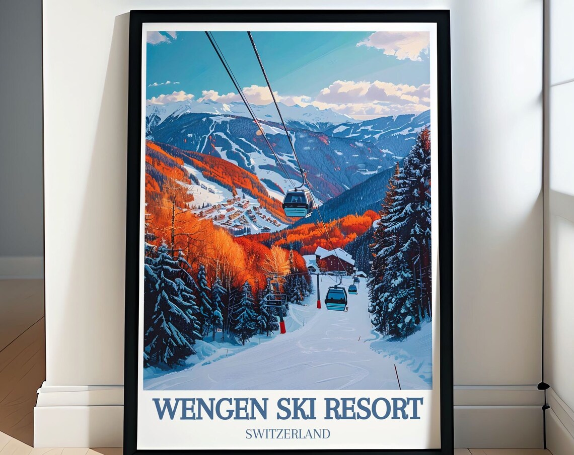 Wengen Switzerland Cable Cars Above Colorful Fall Slopes Poster