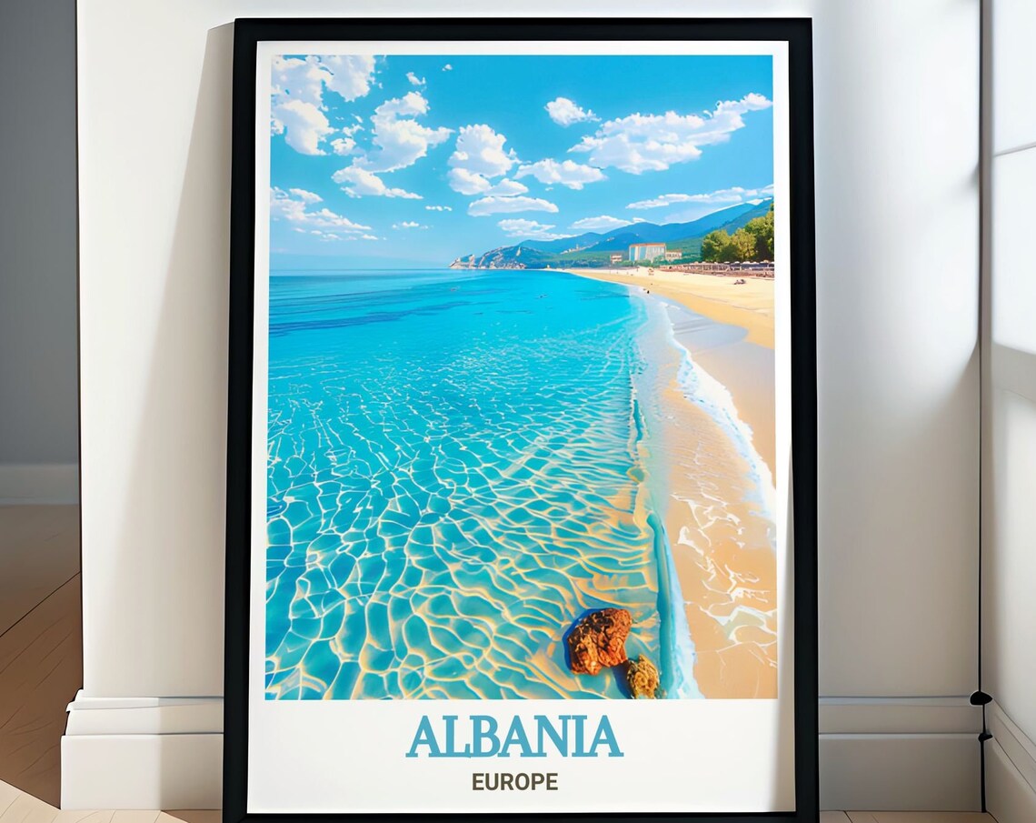 Albania Dhermi Beach Turquoise Crystal Water Shore Travel Poster