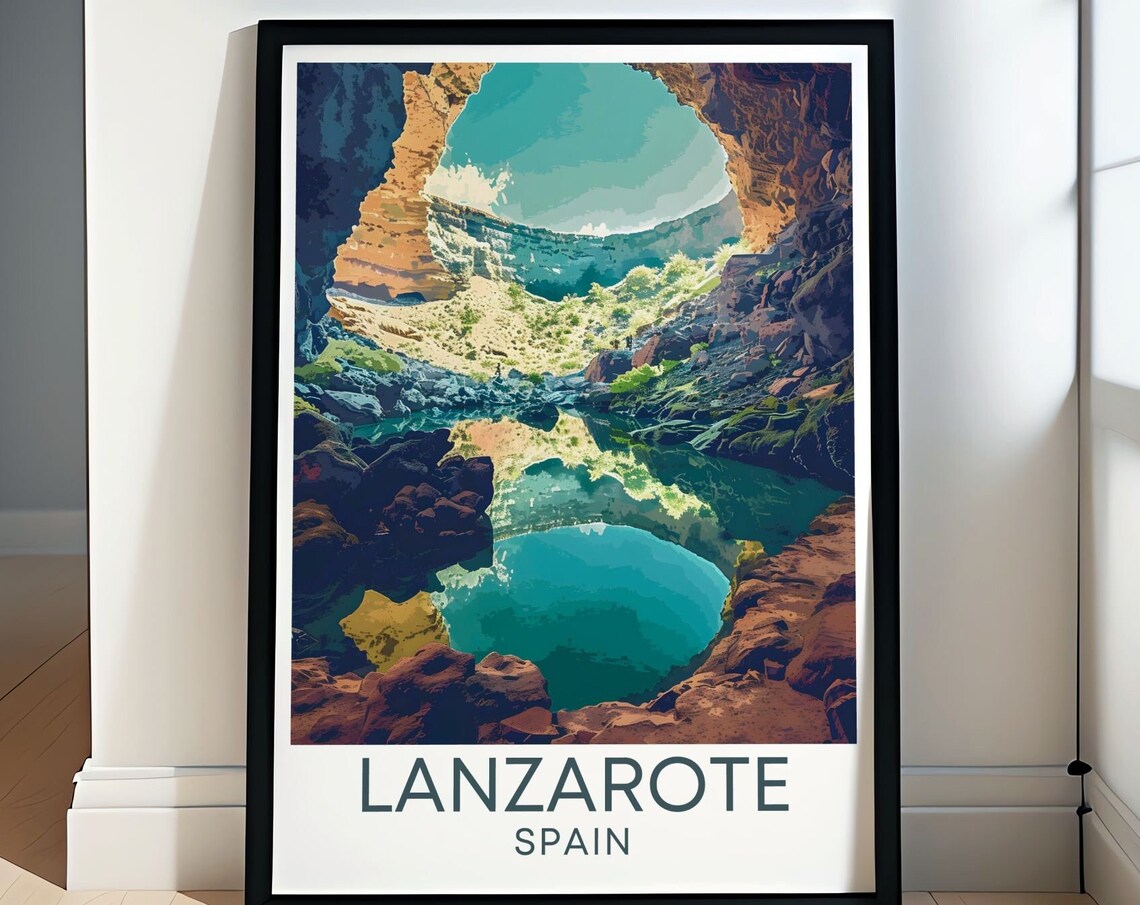 Jameos del Agua Cave Lagoon Lanzarote Spain Retro Travel Poster
