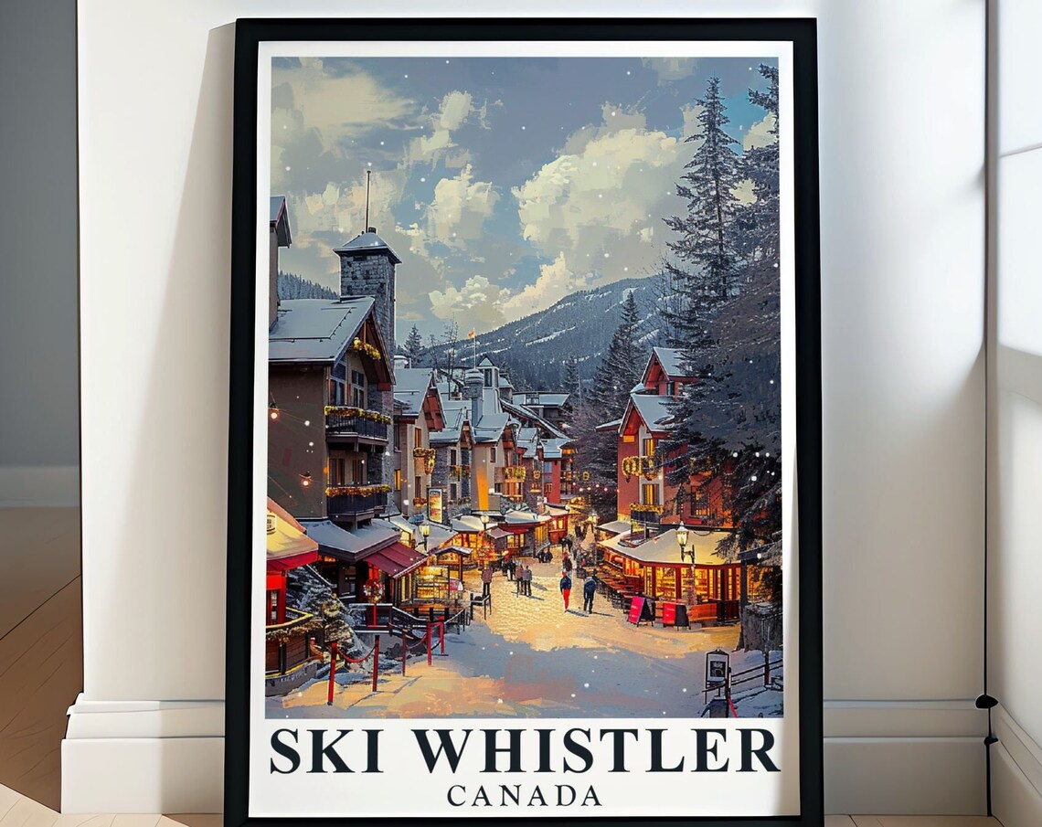 Whistler Canada Ski Village Snowy Street Lights Winter Travel Poster