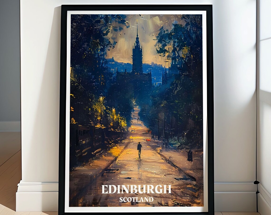Edinburgh Rainy Night Street Clock Tower Scotland City Poster