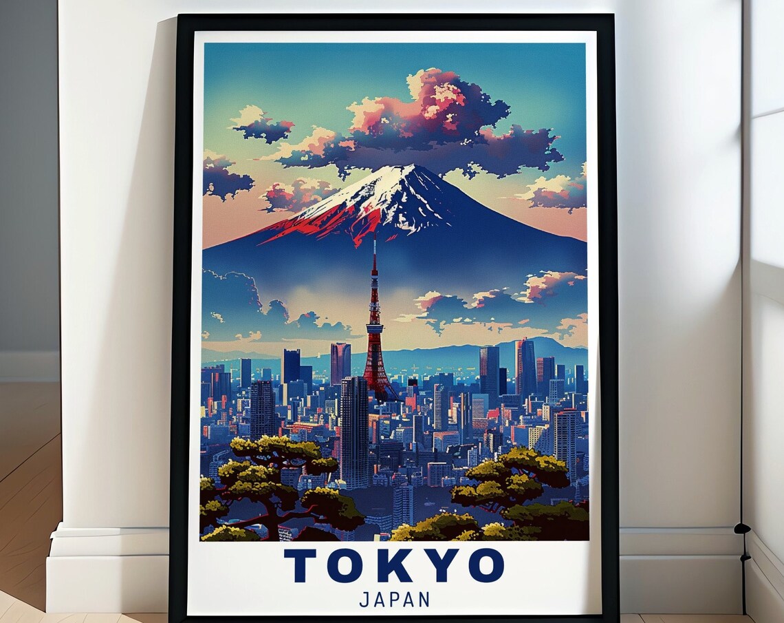 Tokyo Japan Snow Capped Mount Fuji Over The City Skyline Poster