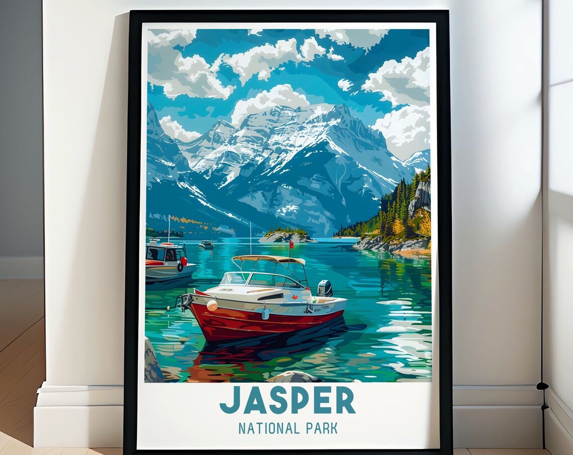Jasper National Park Turquoise Mountain Lake Red Boats Summer Poster