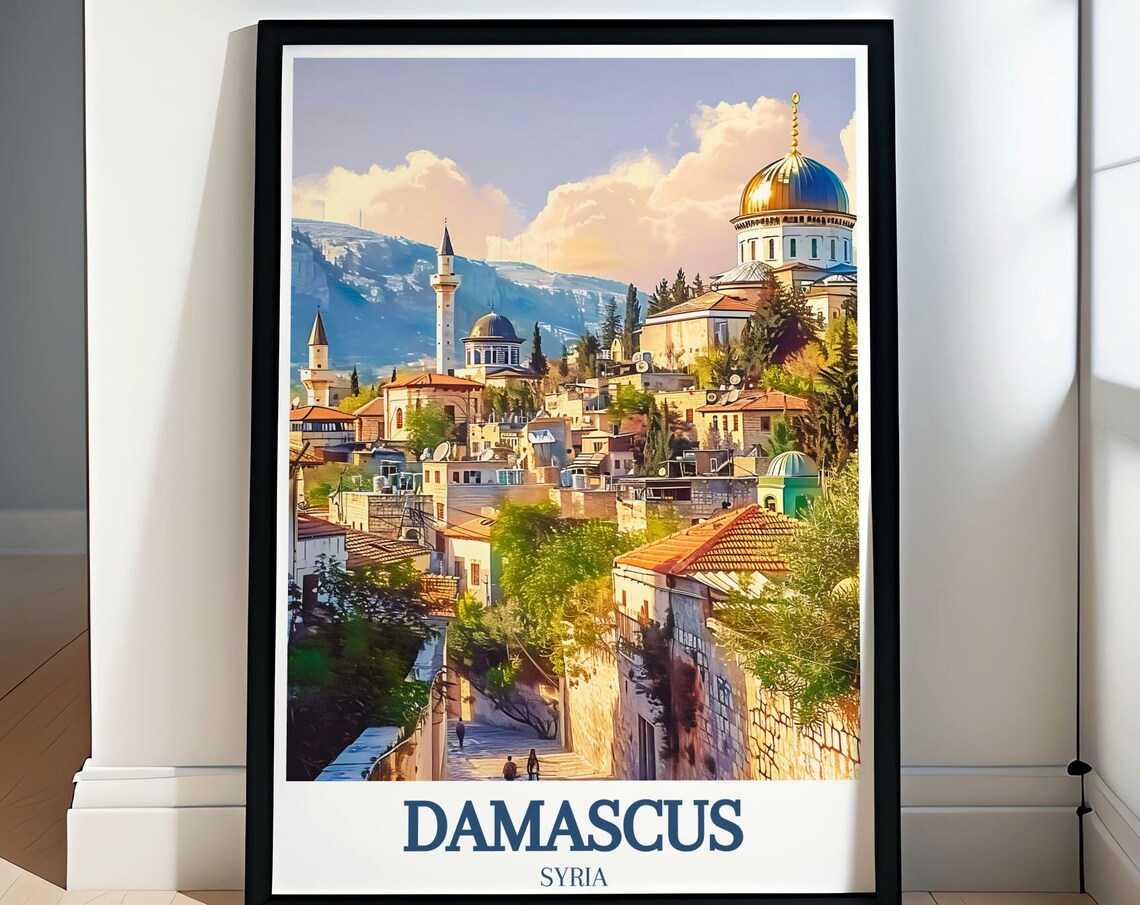 Damascus Syria Ancient Old City Poster with Domes and Hillside