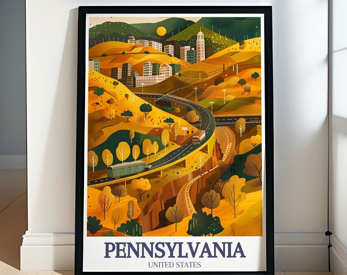 Pennsylvania Autumn Hills Winding Highway Landscape Travel Poster