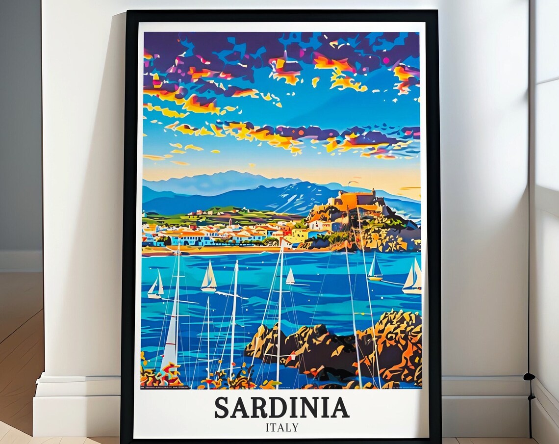 Sardinia Italy Coastal Town at Sunset With Moored Sailboats Poster