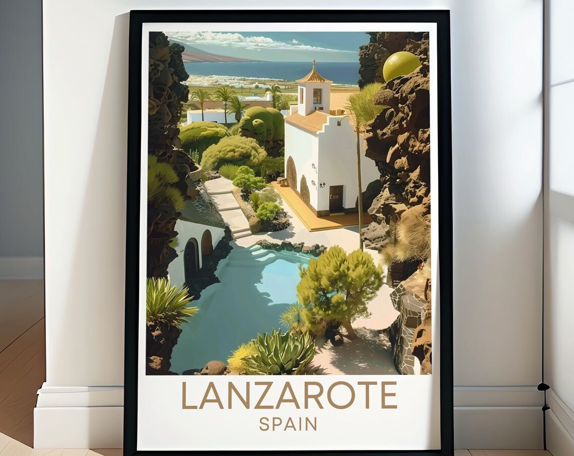 White Lanzarote Villa Pool Volcanic Garden Spain Travel Poster