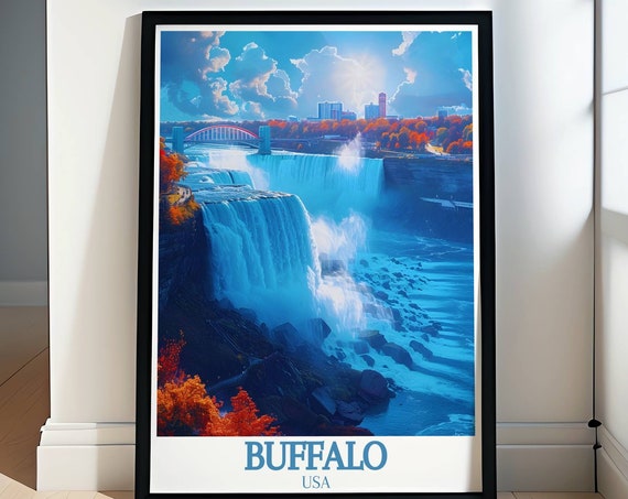 Niagara Falls and Rainbow Bridge in Autumn Buffalo USA Travel Poster