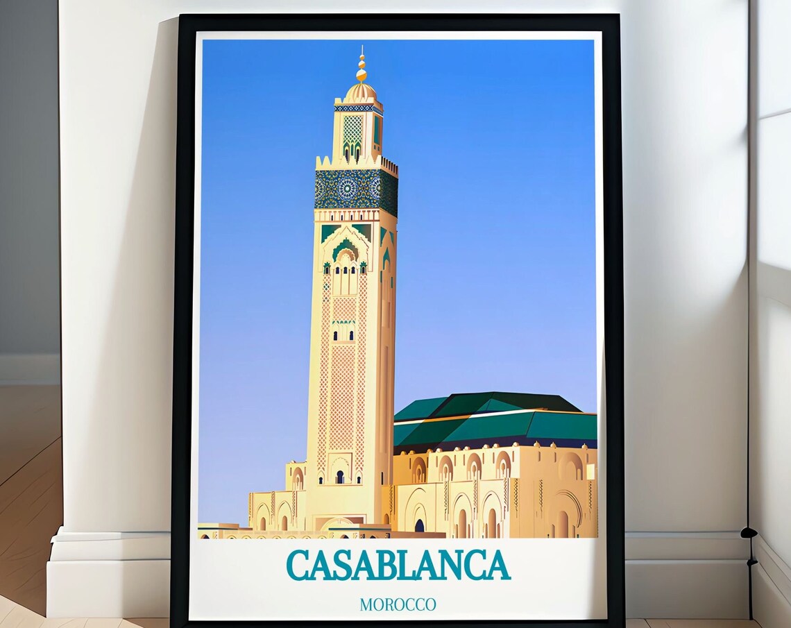 Casablanca Morocco Hassan II Mosque Minaret Skyline Travel Poster