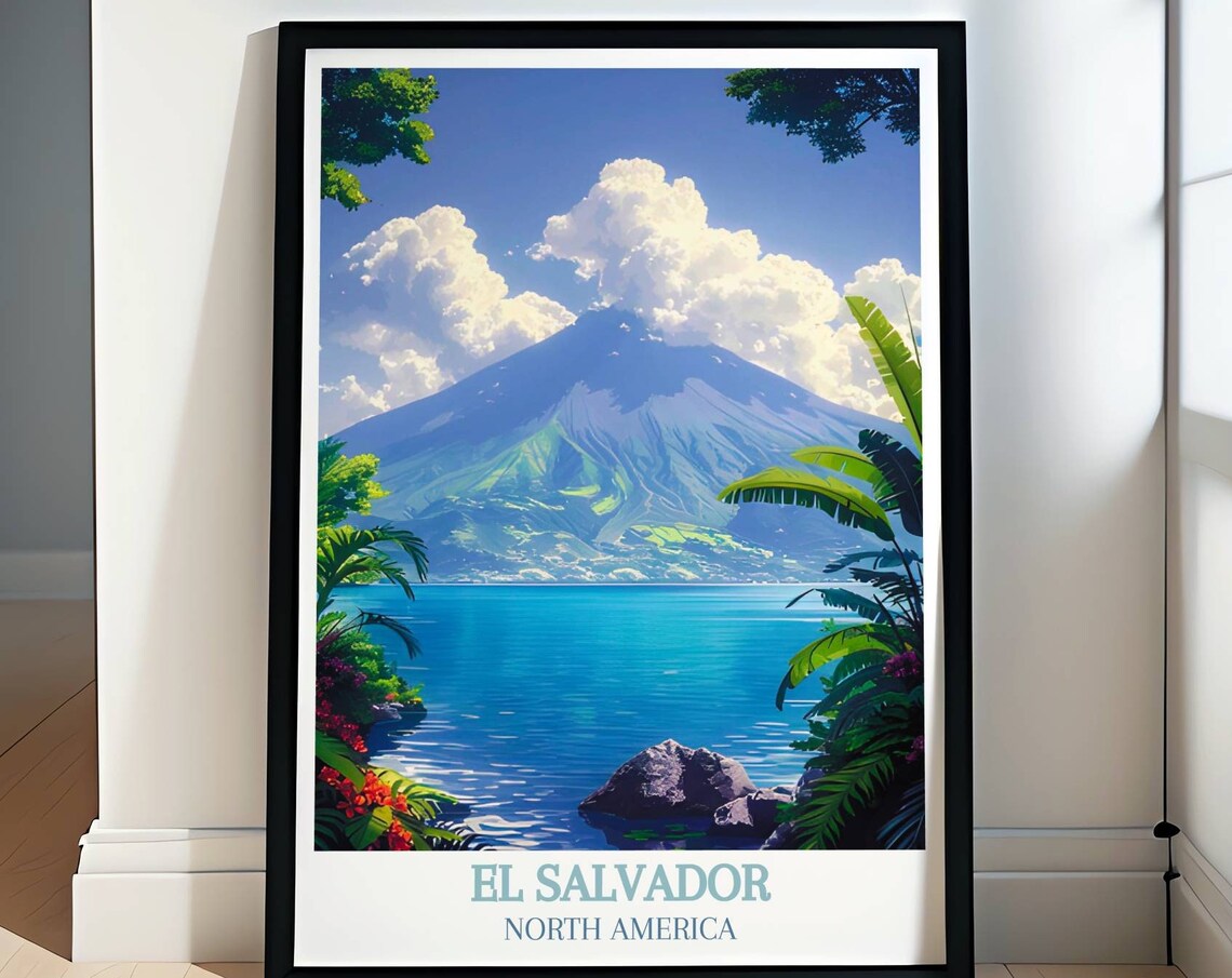 El Salvador Volcano Rising Over a Tropical Lake Landscape Poster