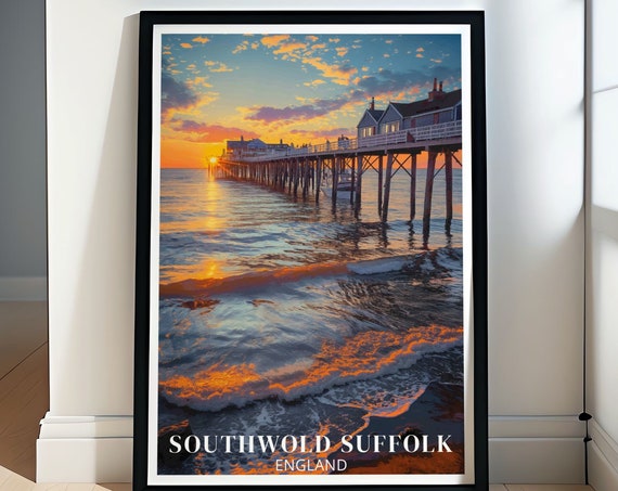 Southwold Gift Art Southwold Pier Art Seaside Posters Southwold Beach Huts And Lighthouse In Vintage Travel Prints