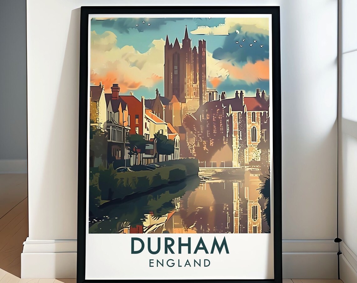Durham England Cathedral Above Riverside Town Scene Travel Poster