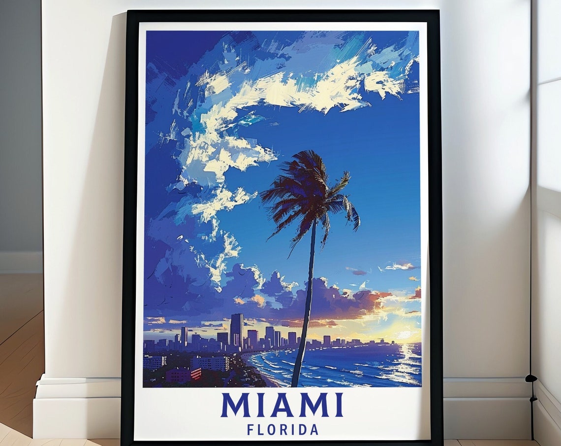 Miami Florida Tall Palm Tree Sunset Skyline Ocean View Poster