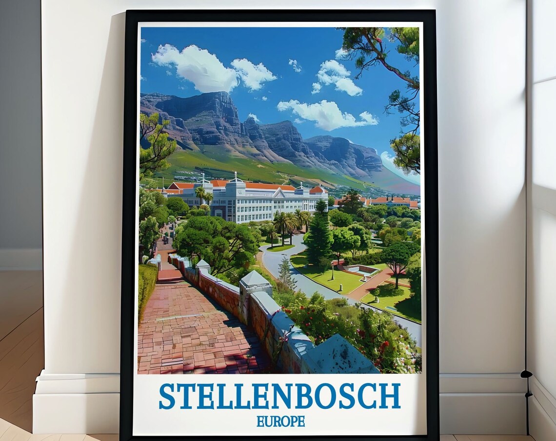 Historic Stellenbosch Town Red Brick Path Mountain View Travel Poster
