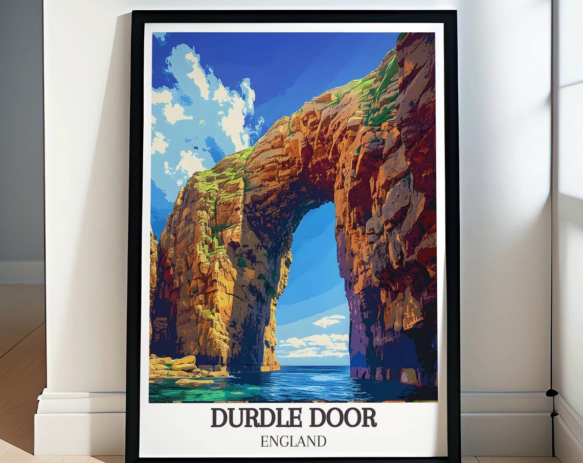 Durdle Door England Towering Limestone Arch Under Blue Sky Poster