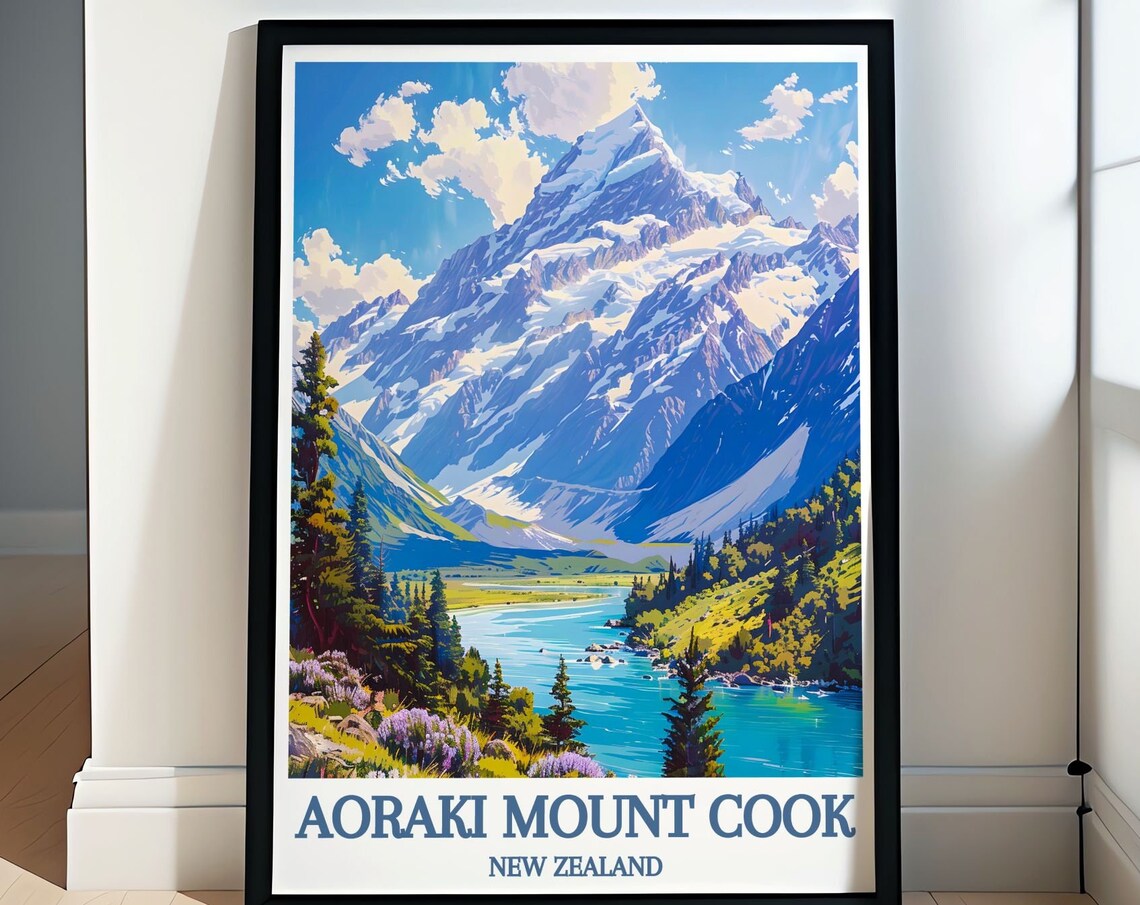 Aoraki Mount Cook Snow Peak Valley River Scenic Travel Poster