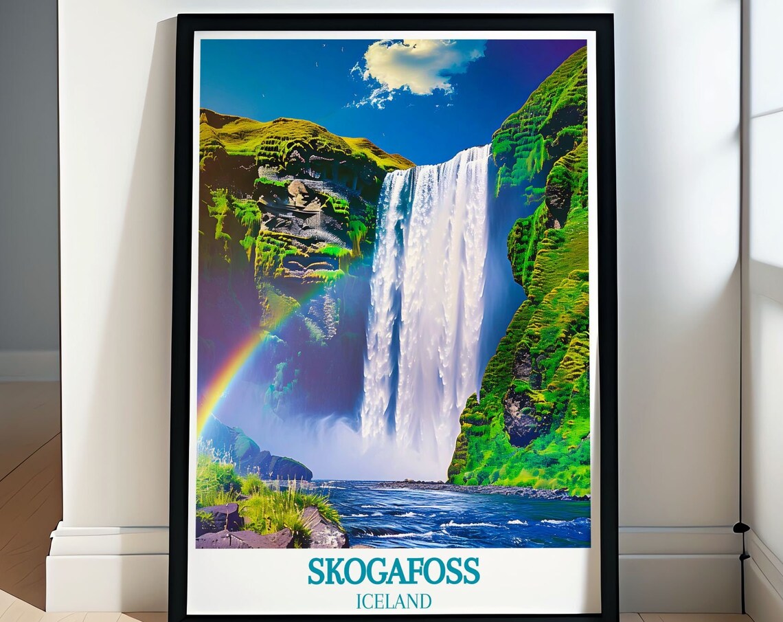 Skogafoss Waterfall Iceland Rainbow Cascade Dramatic Travel Poster