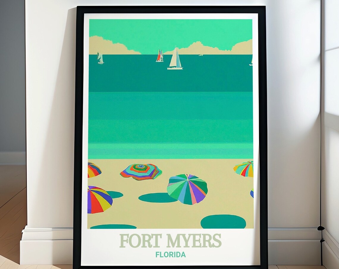 Fort Myers Beach Umbrellas Sailboats Minimalist Florida Travel Poster