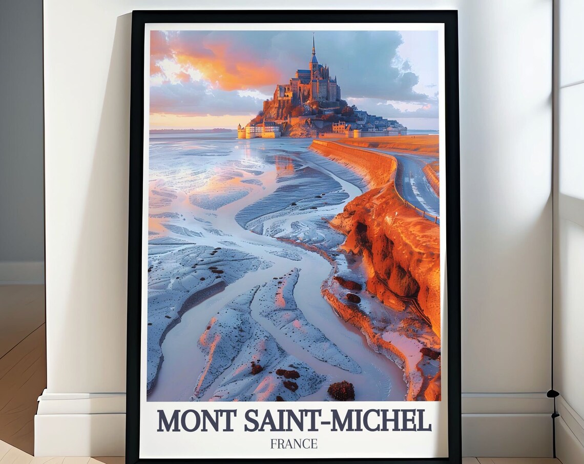 Mont Saint Michel France Sunset Abbey Tidal Causeway Road Poster