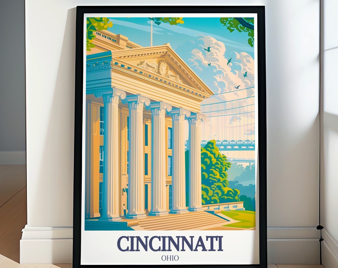 Cincinnati Art Museum And Roebling Bridge Vintage Travel Poster