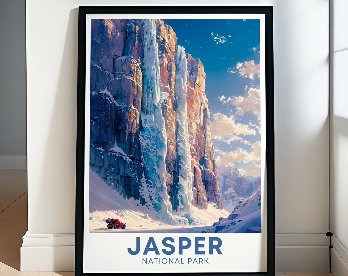 Jasper National Park Frozen Waterfall Ice Cliffs Travel Poster
