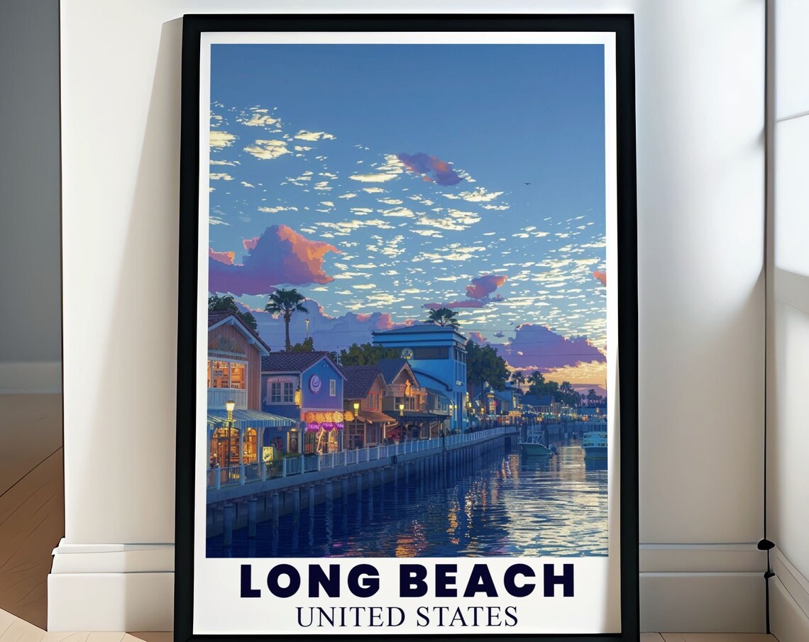 Long Beach Shoreline Village Waterfront Sunset Harbor Scene Poster