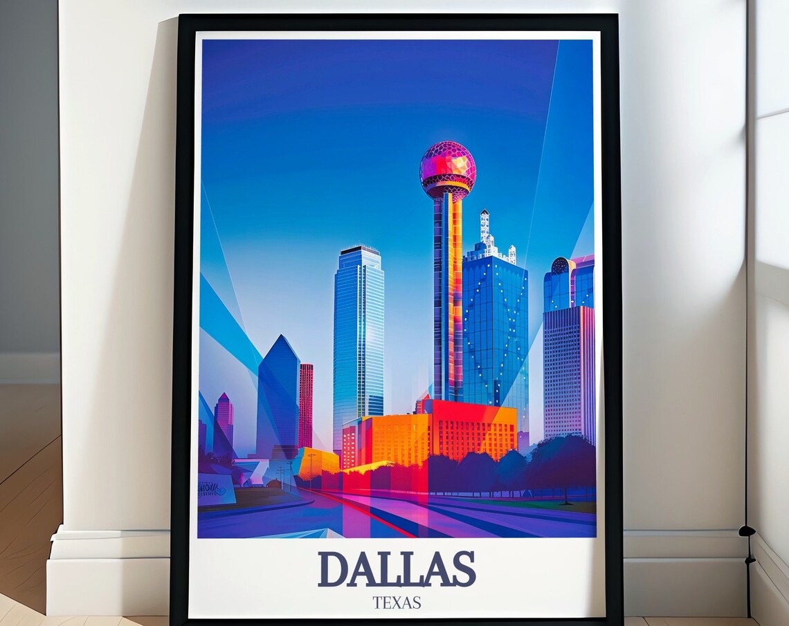Dallas Texas Skyline With Reunion Tower Sunset Travel Poster