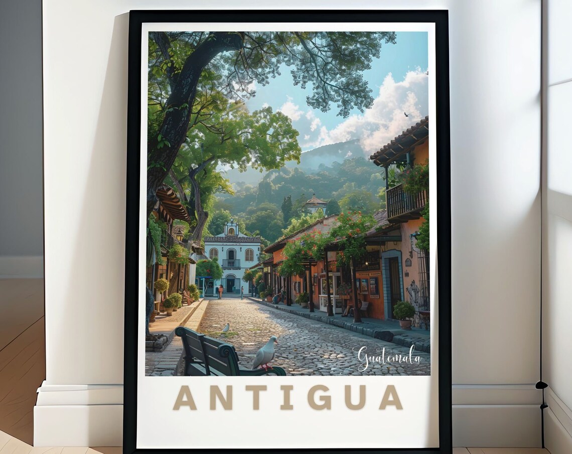 Antigua Guatemala Travel Poster Cobblestone Street Old Town Charm