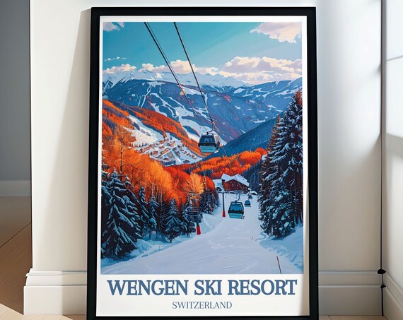 Wengen Switzerland Gondola Ride Over Autumn Alpine Slopes Poster